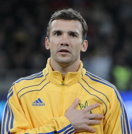 Andriy Shevchenko hand over heart while singing national anthem